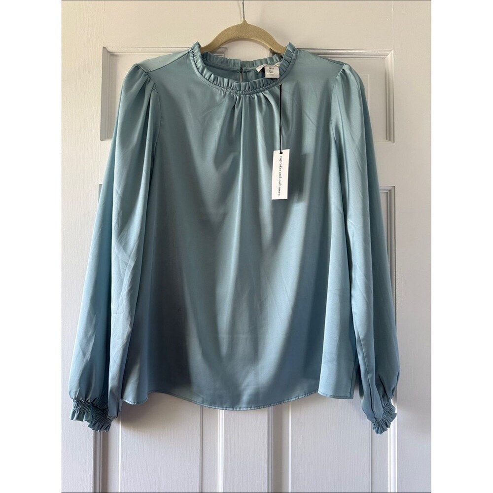NWT Cupcakes and Cashmere Soft Blue Ruffle-Neck Long Sleeve Blouse